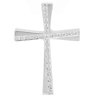 λευκόχρυσος βαπτιστικός σταυρός TRIANTOS με διακόσμηση από λευκά ζιργκόν