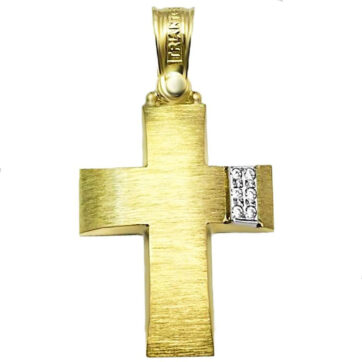 Χρυσός βαπτιστικός σταυρός ΤΡΙΑΝΤΟΣ σε σαγρέ υφή με την διακριτική λεπτομέρεια σε λευκόχρυσο