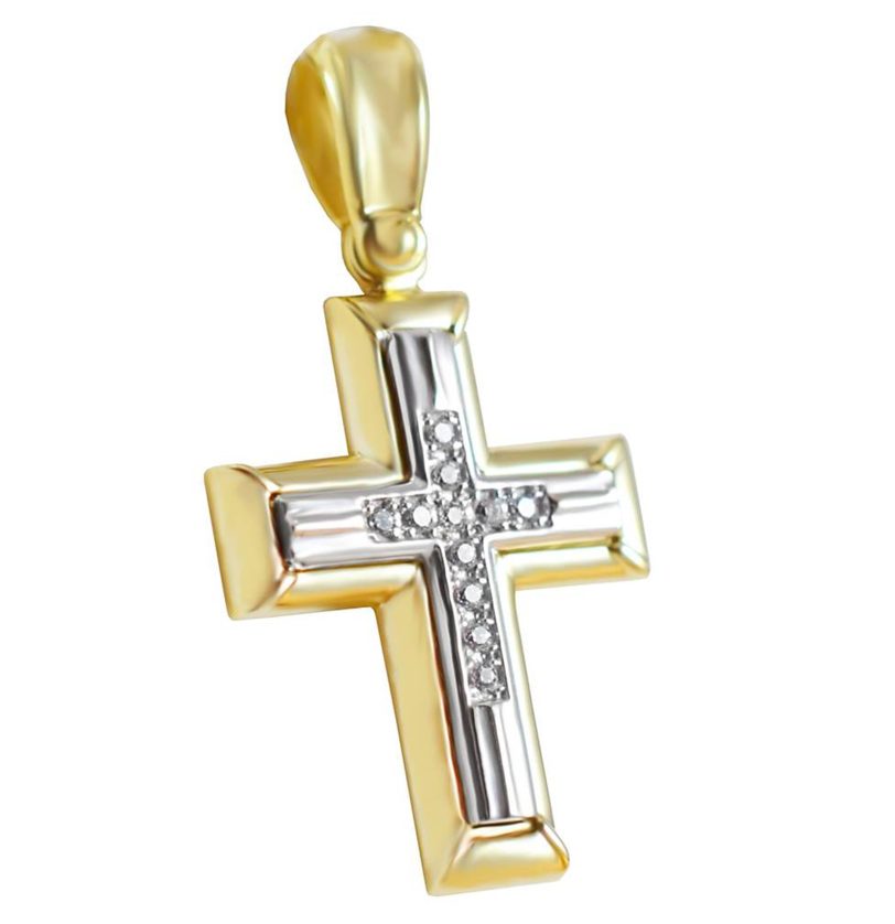Χρυσός βαπτιστικός σταυρός με ζιργκόν και διχρωμία χρυσού