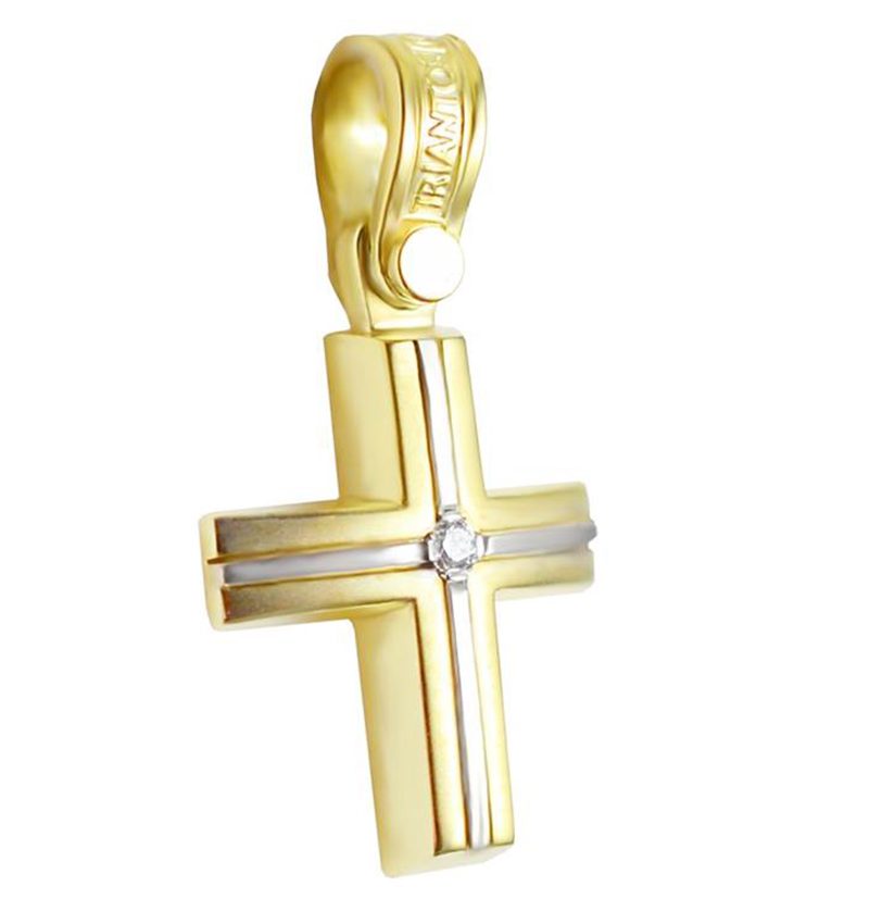 Χρυσός βαπτιστικός σταυρός ΤΡΙΑΝΤΟΣ με διχρωμία χρυσού και μπριγιάν