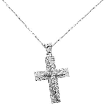 Λευκόχρυσος βαπτιστικός σταυρός μαζί με αλυσίδα με ανάγλυφα σχέδια. 