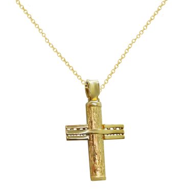 Χρυσός βαπτιστικός σταυρός διπλής όψης με ανάγλυφα σχέδια μαζί με αλυσίδα. 