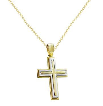Χρυσός δίχρωμος βαπτιστικός σταυρός μαζί με αλυσίδα.