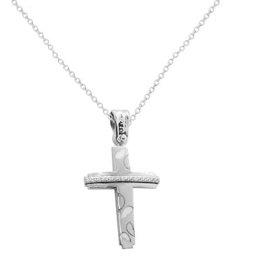 Λευκόχρυσος λείος βαπτιστικός σταυρός με διακριτικα σχέδια με επισμάλτωση μαζί με αλυσίδα.