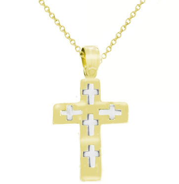 Χρυσός βαπτιστικός σταυρός με ανάγλυφα σχέδια μαζί με αλυσίδα.