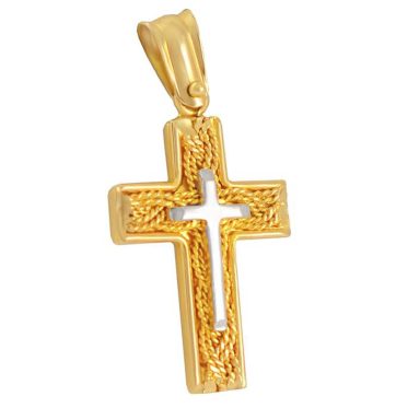 Χρυσός βαπτιστικός σταυρός με υπέροχο συρματερό φόντο πίσω από έναν λευκόχρυσο σταυρό.