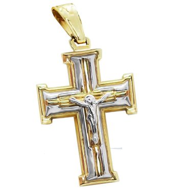 Χρυσός βαπτιστικός σταυρός δίχρωμος με Εσταυρωμένο.