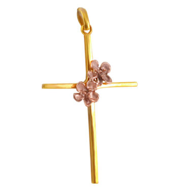Ασημένιος σταυρός επιχρυσωμένος με φιλμ κίτρινου χρυσού διακοσμημένος με άνθη σε παλ ροζ απόχρωση