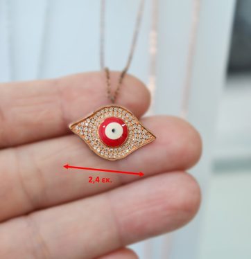 Ροζ ασημένιο κολιέ με ματάκι και λευκές πέτρες.