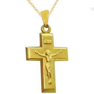 Χρυσός βαπτιστικός σταυρός με ανάγλυφη μορφή του Εσταυρωμένου μαζί με αλυσίδα.