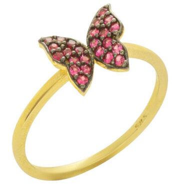 Χρυσό δαχτυλίδι με πεταλούδα με φούξια ζιργκόν πέτρες.