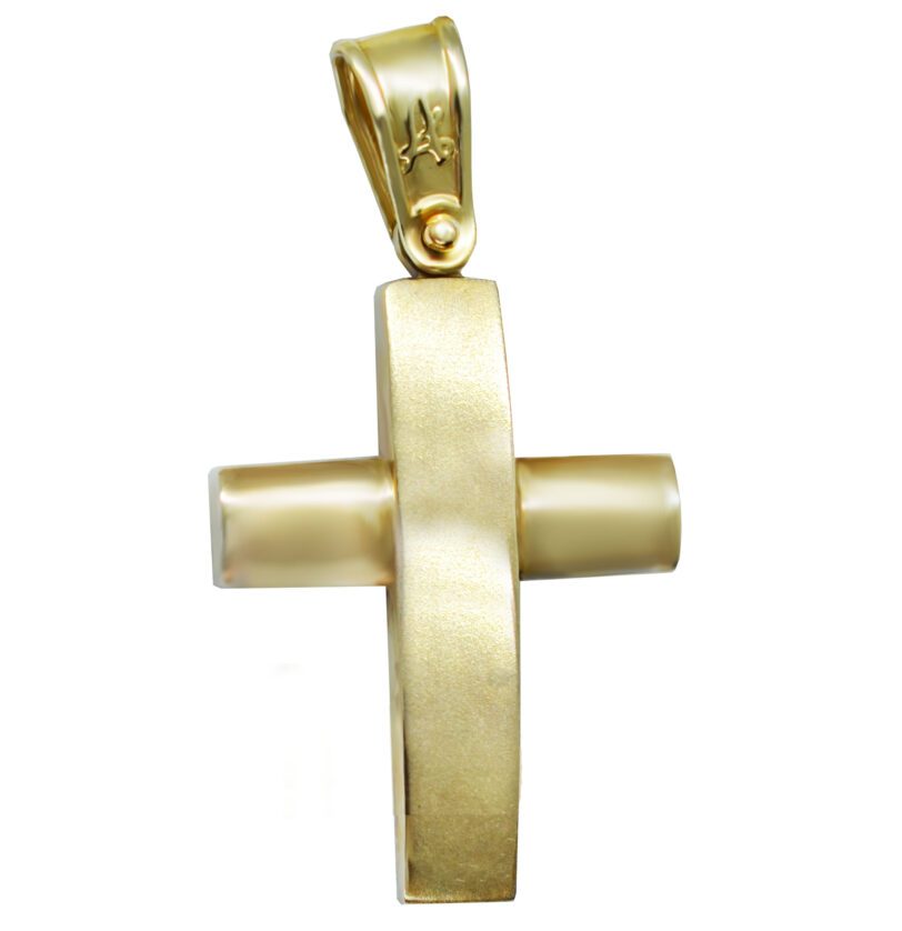 Χρυσός βαπτιστικός σταυρός με διπλή υφή, σαγρέ και λουστρέ.