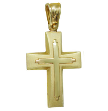 Χρυσός βαπτιστικός σταυρός με διπλή υφή,  λουστρέ και σαγρέ.