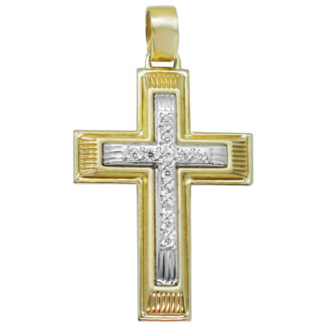 Χρυσός βαπτιστικός σταυρός με διχρωμία κι ανάγλυφα σχέδια.