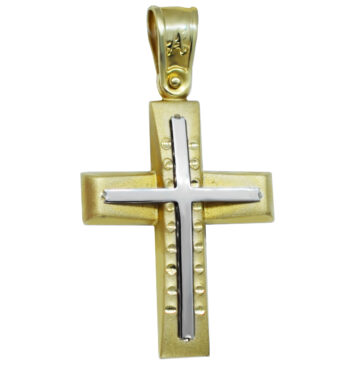 Χρυσός βαπτιστικός σταυρός με διχρωμία κι ανάγλυφα σχέδια.