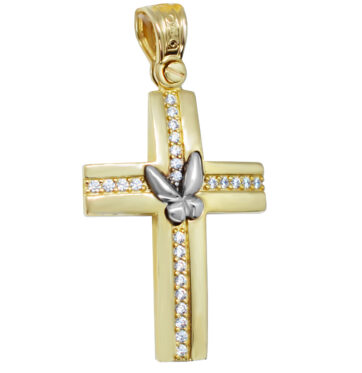 Χρυσός βαπτιστικός σταυρός με ζιργκόν πέτρες και πεταλούδα.