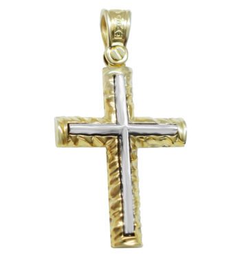 Χρυσός βαπτιστικός σταυρός λουστρέ με ανάγλυφα σχέδια κι εσωτερικό λευκόχρυσο σταυρό.