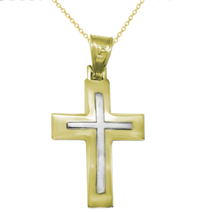 Χρυσός βαπτιστικός σταυρός με διχρωμία μαζί με αλυσίδα.