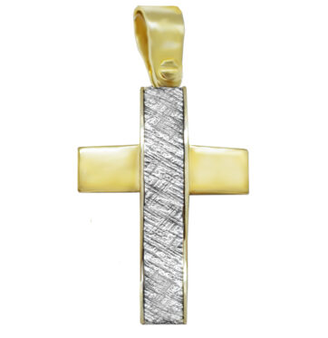 Χρυσός βαπτιστικός σταυρός με διπλή υφή και διχρωμία.