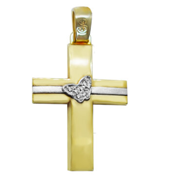Χρυσός βαπτιστικός σταυρός με διχρωμία και πεταλούδα με ζιργκόν πέτρες.