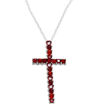 Ασημένιο κολιέ με σταυρό διαστάσεων 4Χ2 εκ. διακοσμημένος με κόκκινες πέτρες.