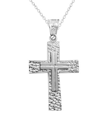 Λευκόχρυσος βαπτιστικός σταυρός με ανάγλυφα σχέδια μαζί με αλυσίδα.