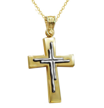 Δίχρωμος χρυσός βαπτιστικός σταυρός με ανάγλυφο εσωτερικό σταυρό