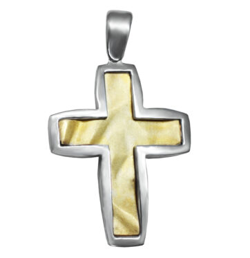 Χρυσός βαπτιστικός σταυρός με διχρωμία σε μοντέρνα γραμμή.