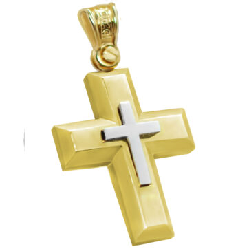 Χρυσός βαπτιστικός σταυρός μασίφ με διχρωμία σε λευκόχρυσο στον εσωτερικό σταυρό.