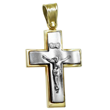Δίχρωμος χρυσός μασίφ βαπτιστικός σταυρός με Εσταυρωμένο.