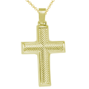 Χρυσός βαπτιστικός σταυρός με ανάγλυφο κυψελωτό σχέδιο μαζί με αλυσίδα.