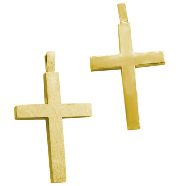 Χρυσός βαπτιστικός σταυρός διπλής όψης λείος και σαγρέ διαστάσεων 2,8Χ1,6 εκ.