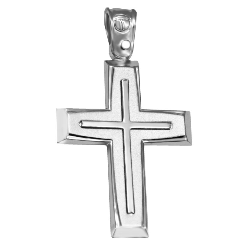 Λευκόχρυσος βαπτιστικός σταυρός σαγρέ με ανάγλυφα σχέδια.