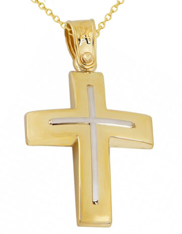 Χρυσός βαπτιστικός σταυρός λείος με διχρωμία μαζί με αλυσίδα.