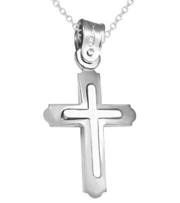 Λευκόχρυσος βαπτιστικός σταυρός λείος με εσωτερικό σταυρό μαζί με αλυσίδα.