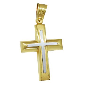 Χρυσός βαπτιστικός σταυρός με λεπτομέρεια σε λευκόχρυσο.