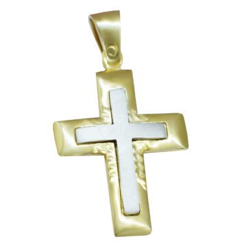 Χρυσός βαπτιστικός σταυρός ανάγλυφος με εσωτερικό λευκόχρυσο σταυρό.