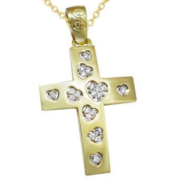 Χρυσός βαπτιστικός σταυρός με σχέδια καρδιές με λευκές ζιργκόν πέτρες μαζί με αλυσίδα.