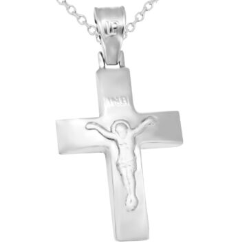Λευκόχρυσος βαπτιστικός σταυρός με Εσταυρωμένο μαζί με αλυσίδα.