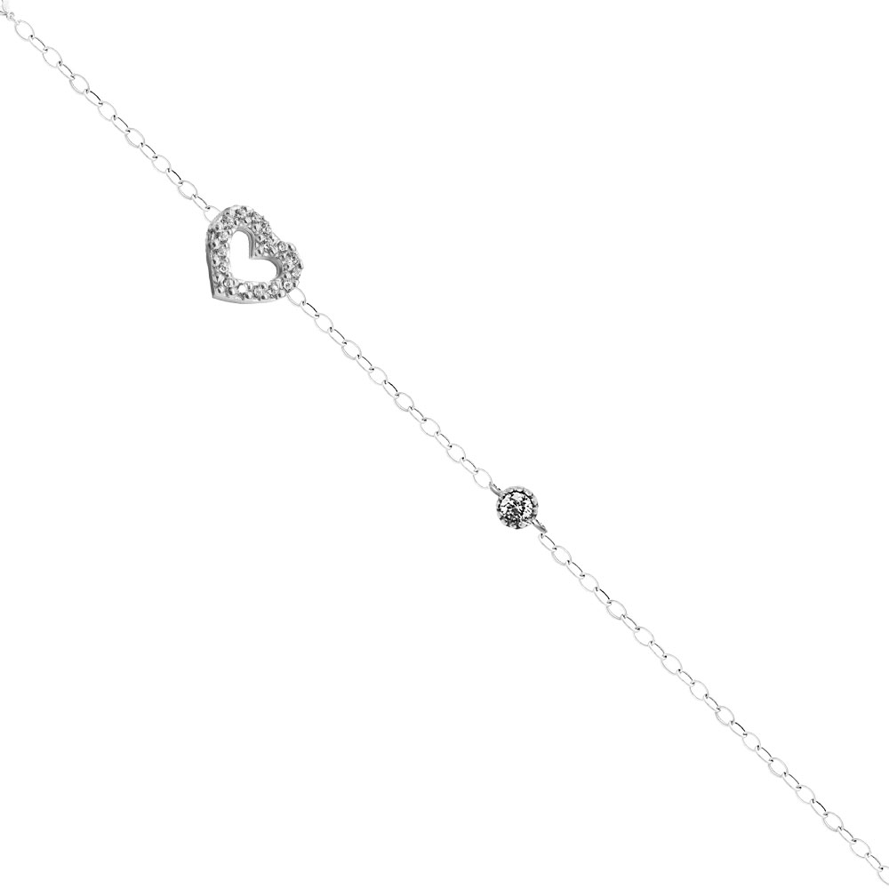 BR19856-xruso-vraxioli Λευκόχρυση αλυσίδα χεριού με καρδιά με λευκές πέτρες.