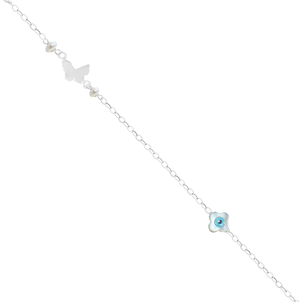 BR19859-leukoxruso-vraxioli Λευκόχρυση αλυσίδα χεριού με μοτίφ πεταλούδα και ματάκι.